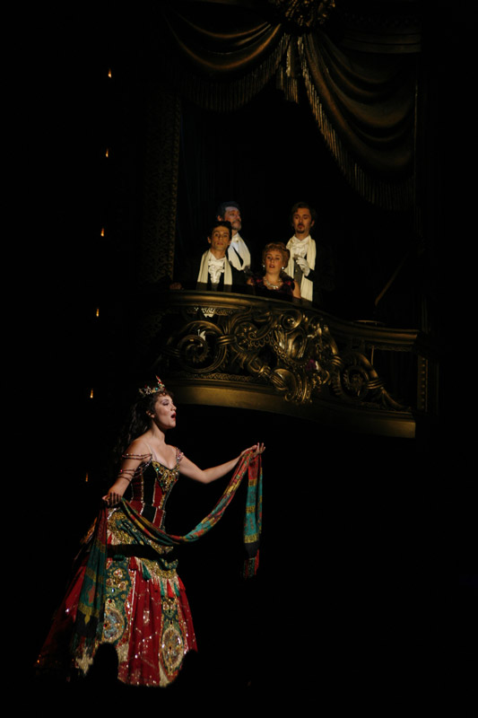 Oopperalaulaja laulaa hienossa mekossa, yleisö pervella kuuntelee.