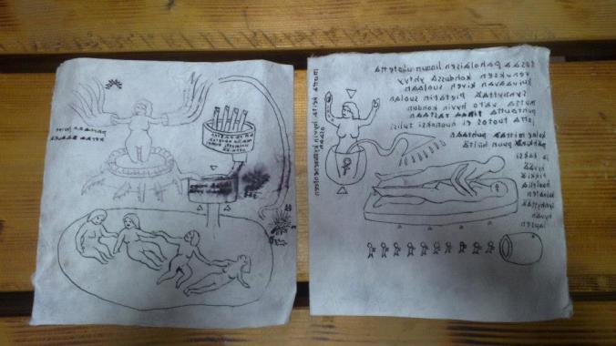 Kuvassa piirroksia aikakuden tyyliin sopivasti