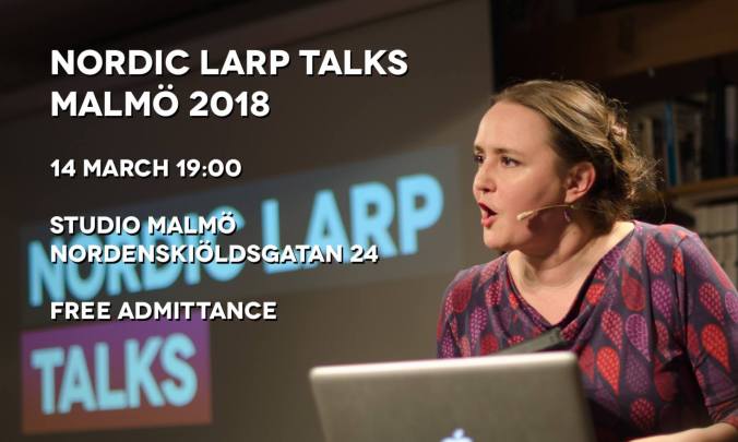 Kuvassa Johanna Koljonen ja Nordic Larp Talks tapahtuman mainosteksti.