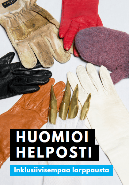 Kuvassa Huomioi helposti - Inklusiivisempaa larppausta -materiaalipaketin kansi, jossa on valokuva erilaisten käsineiden muodostamasta kehästä.