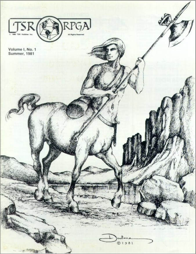 Kuvassa TSR RPGA piirros/kansi, jossa kentauri kantaa kirvestä.