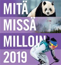 Mitä Missä Milloin 2019 kirjan kansi, kannessa panda, metsäpalon sammutushelikopteri ja naishiihtäjä.