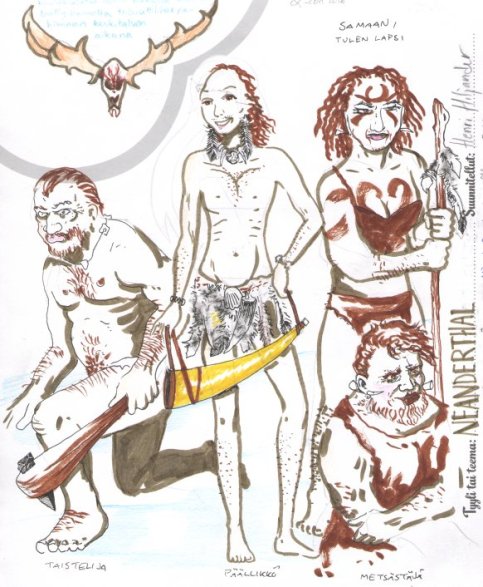 Neanderthal. Kuva hahmoista kivikautisissa asuissa.