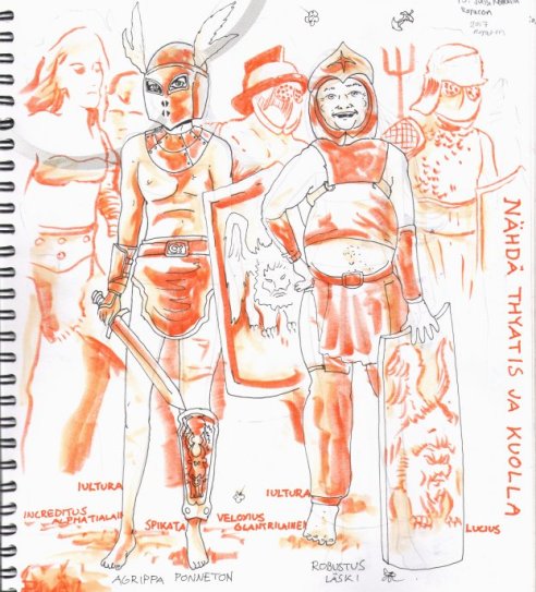 Nähdä Thyatis ja kuolla. Hahmoja roomalaisissa gladiaattoriasuissa.