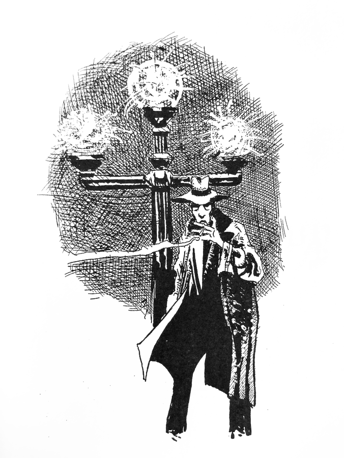 piirros stereotyyppisestä 20-luvun etsivästä katulanmpun edessä. Hän pollttaa tupakkaa, lierihattu ja pitkä takki. Luihin näköinen.