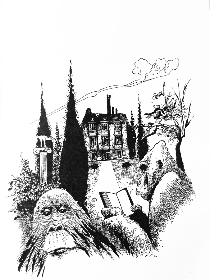 kuvassa piirros kahdesta gorillasta, joista toinen lukee kirjaa, taustalla 20-henkinen rakennus ja puutarha