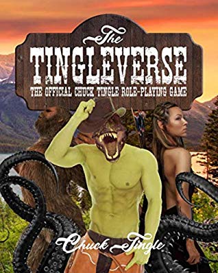 The Tingleverse -kirjan kansi, jossa joukko fantasiahahmoja, kuten vihreä miesvartalo raptorin päällä