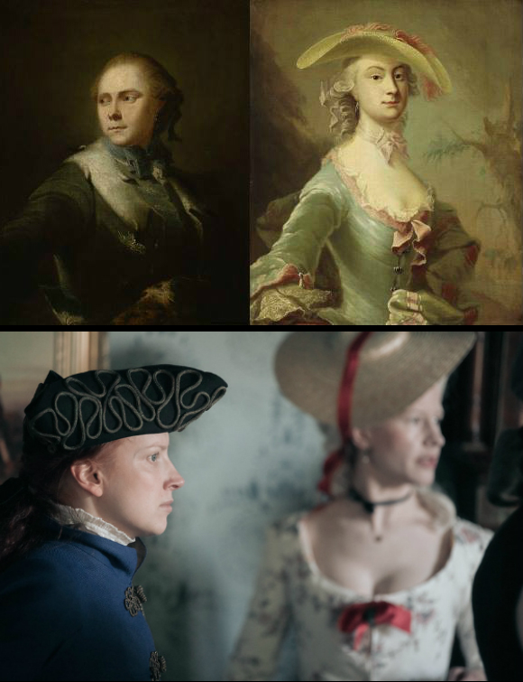 Yläkuvassa kaksi 1700-luvun maalausta, mies ja nainen, alla kaksi pelaajaa rokokoo-asuissaan, jotka vastaavat yllä olevien kuvien asuja.