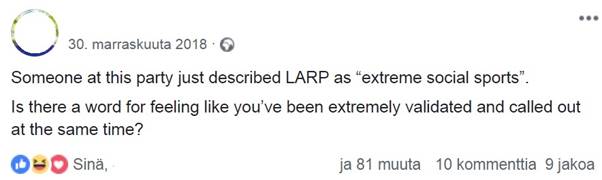 Kuvassa kuvakaappaus facebookista, josta on tykännyt 82 ihmistä, kommentointeja 10, jakoja 9. Teksti sanoo: 