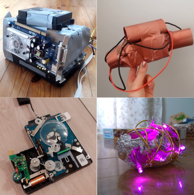 kuvassa neljä erilaista mystistä laitetta, yksi on tehty mm vessapaperirullista, yksi alumiinifoliosta, johdosta ja jouluvaloista.