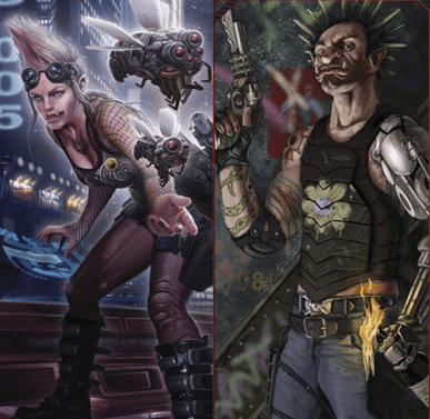 cyberpunk-tyylisiin vaatteisiin pukeutuneita örkkejä kuvassa