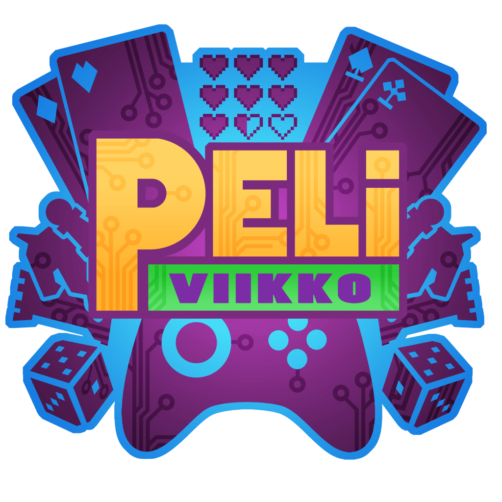 peliviikon logossa on pikseligrafiikkana pelikortteja, noppia ja konsoliohjain ja teksti peliviikko