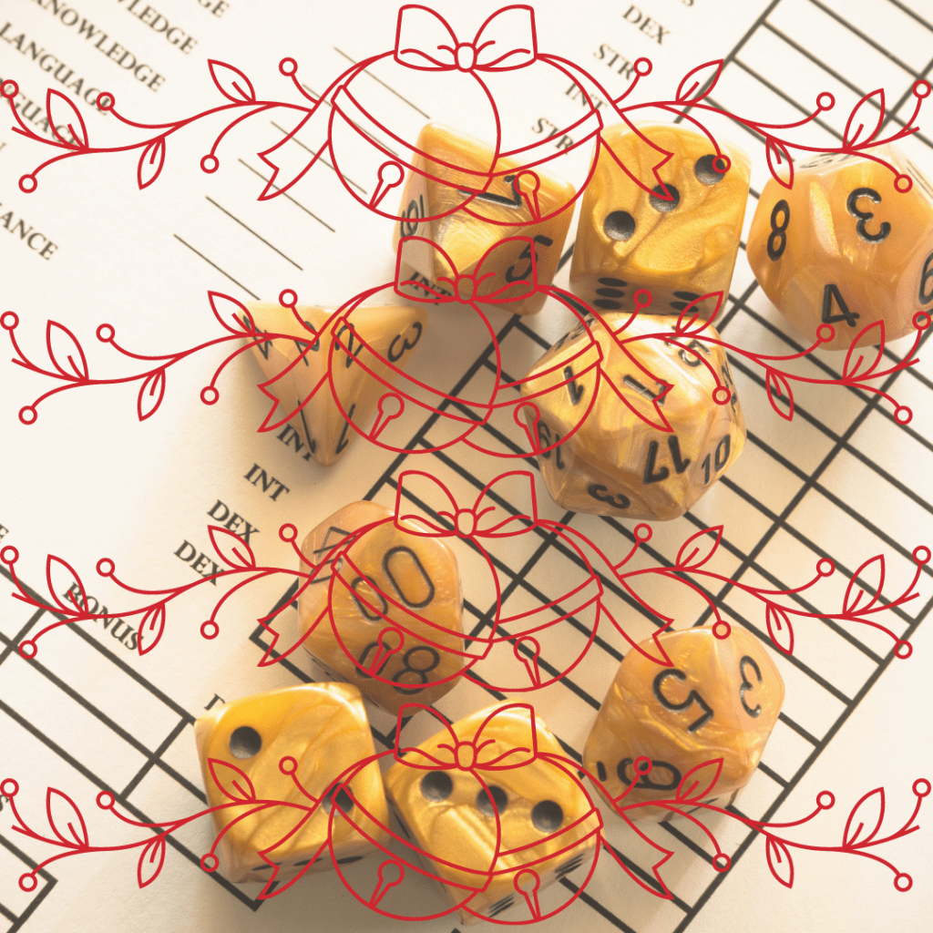 kuvassa keltaisia noppia, hahmolomake ja piirrettyjä kulkusia