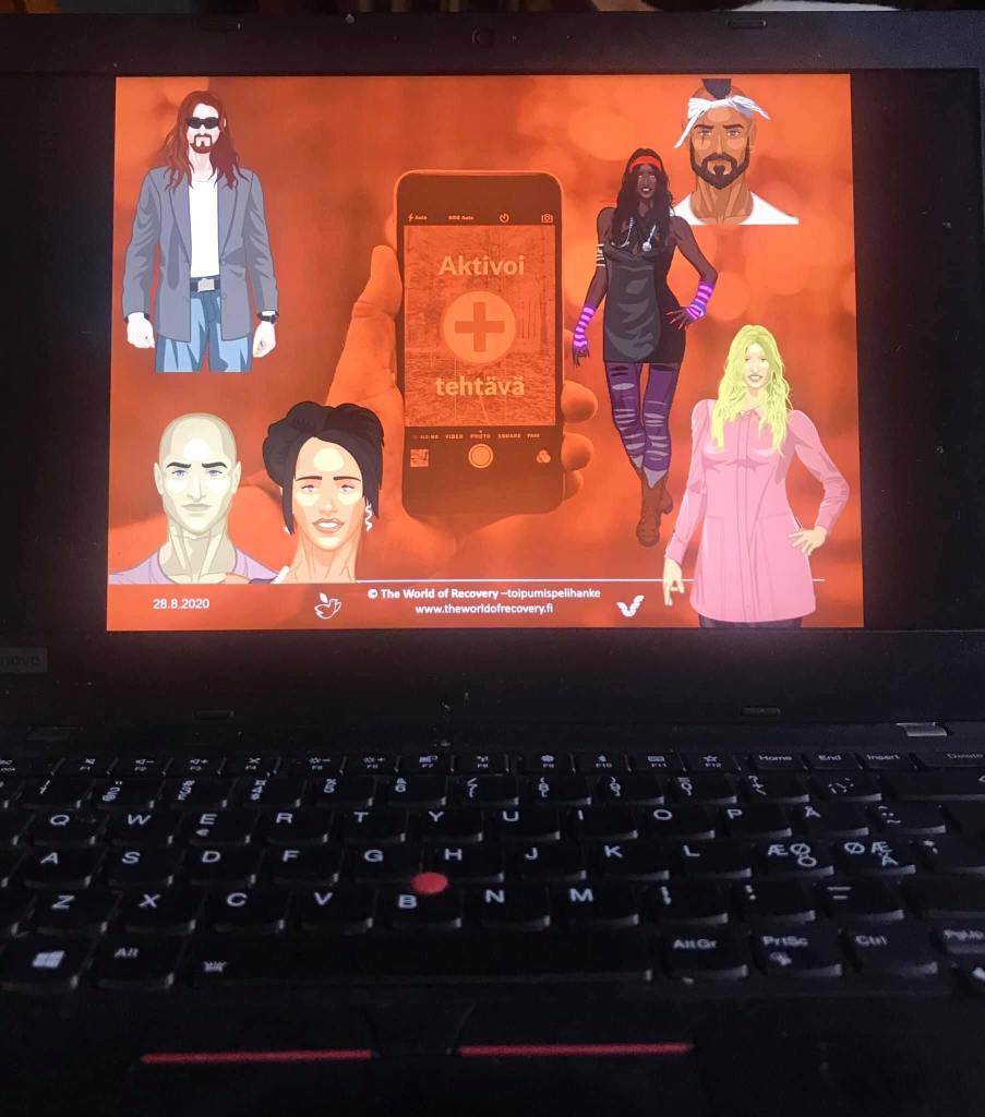 Kuvassa läppärin ruutu, alhaalla näkyy näppäimistö. Ruudulla konseptikuvia hahmoista ja älypuhelimen ruudusta.