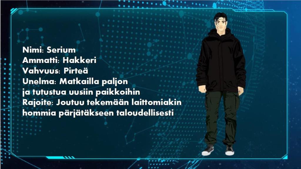 Kuvassa on Serium hahmon esittelyruutu, joka kertoo hänen olevan pirteä hakkeri, ja unelmansa olevan matkailla paljon ja tutustua uusiin paikkoihin. Rajoitteeksi on laitettu, että Serium joutuu tekemään laittomiakin hommia pärjätäkseen taloudellisesti. Myös piirroskuva huppariin pukeutuneesta hahmosta.