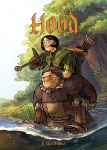 Hood-pelin kansi. Polkkatukkainen, vihreisiin pukeutunut nainen paksun munkin reppuselässä. Munkki kahlaa virrassa.