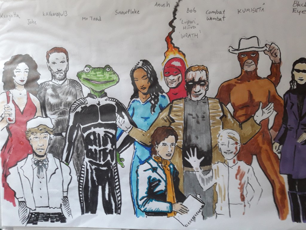 Supersankarit poseeraamassa. Mukana Karjatta, Jake, Katkarapu13, Mr Toad, Snowflake, Anush, Bob, Leipuri Hiiva, Wrath, Combat Wombat, Kumisetä ja Black Eye.