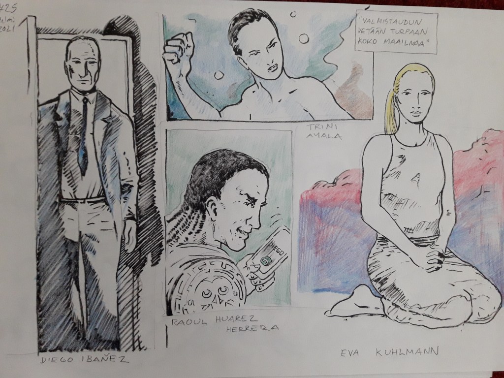 Kuvassa on neljä nimettyä henkilöä, joilla ei ole supersankaripukua. Kolme miestä ja yksi nainen, sekä teksti "Valmistaudun vetään turpaan koko maailmaa."