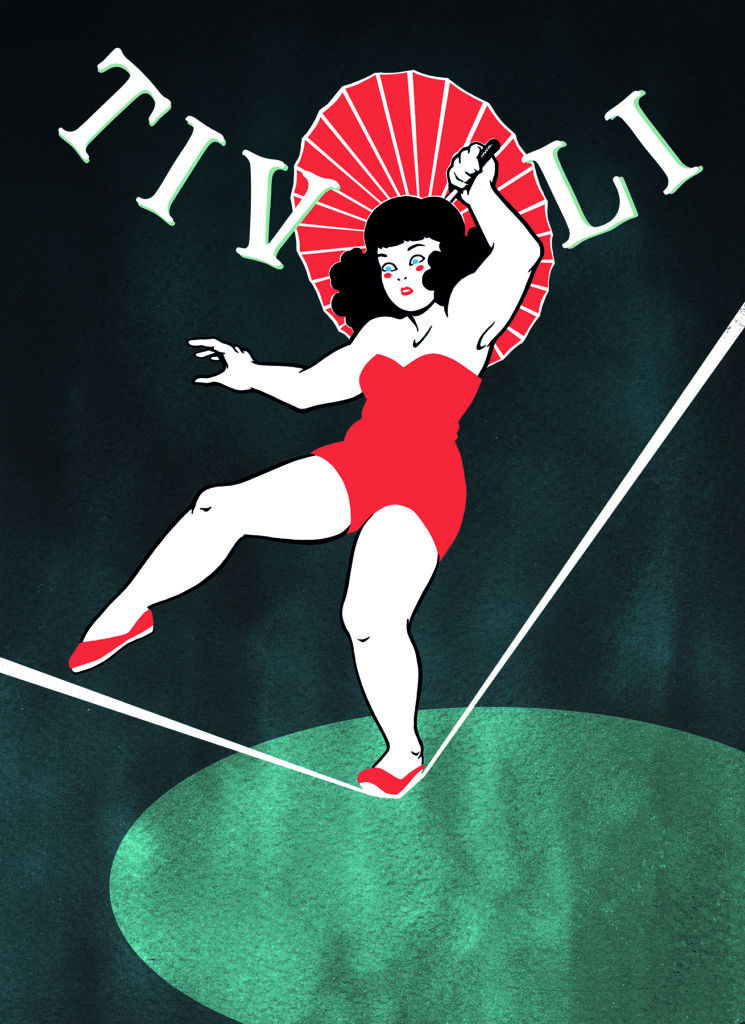 Tivolin kansi. Punaiseen uimapukuun pukeutunut nainen tasapainoilee nuoralla pinaisen päivänvarjon kanssa.