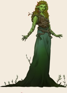Vihreäihoinen naisolento, jonka alavartalon peittää hame, josta kasvaa oksia. Dryadin ympärillä kiemurtelee oksisto.