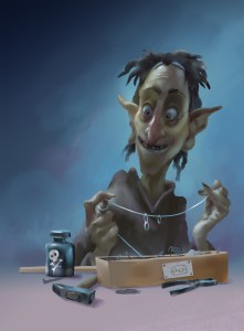 Suippokorvainen, kapeakasvoinen mieshenkilö rakentaa jotain. Pöydällä on myrkkypullo, vasara ja hohtimet.