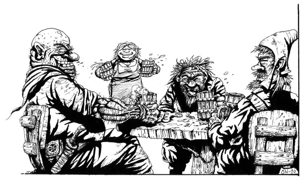 Tavernan pöydässä nauraa kolme miestä tuopit käsissään. Taustalla naurava nainen on tuomassa kaksi tuoppia lisää.