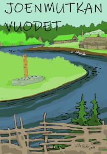 Kuvassa on mutkitteleva joki ja sen varrella pieni kylä ja puinen toteemi.