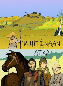 Kuva on kaksiosainen. Yläosassa näkyy taustalla mäkilinna ja edessä mies tuohikontti selässään ja keihäs kädessään.

Alaosassa on kolme miestä ja hevonen. Yksi miehistä on soturi ja toinen pappi. Kolmas mies näyttää mietteliäältä.