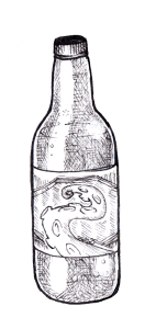 Pullo, jonka etiketissä on lonkero.