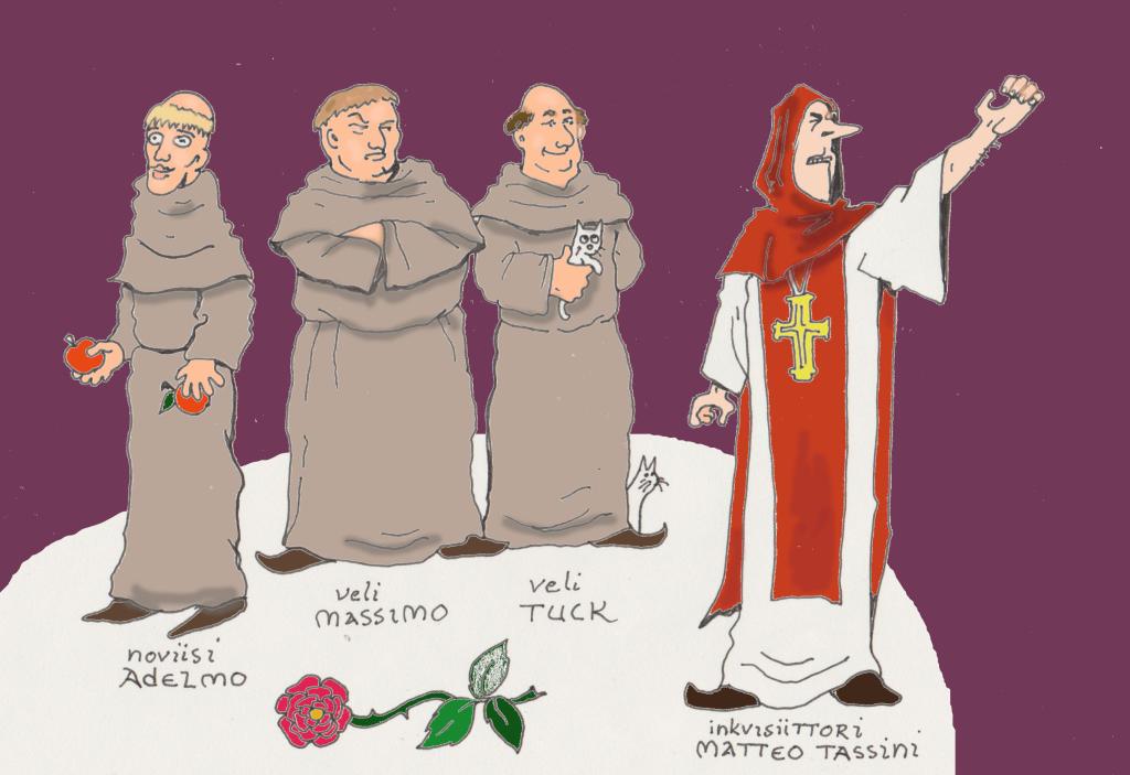 Kome munkkia ja inkvisiittori. Yhdellä munkeista on kädessään omenia, toisella kissanpentu. Kolmas pitää käsiään puuskassa. Inkvisiittorin toinen käsi on koholla.