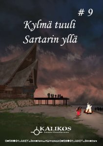 Kylä tuuli Sartarin yllä -lehden numeron yhdeksän kansi. Ihmisiä rannalla ja laiturilla. Rannalla palaa myös kokko.